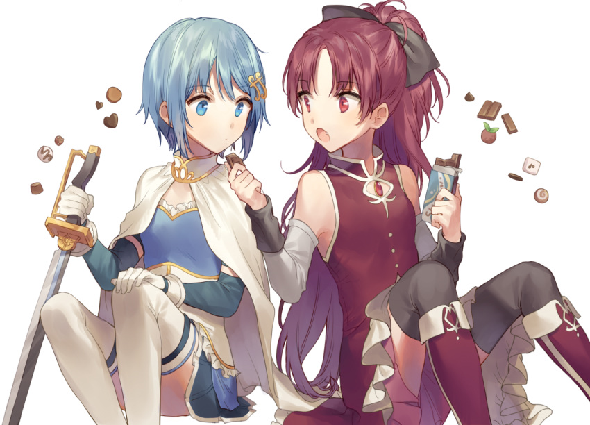2girls bare_shoulders black_bow black_legwear blue_eyes blue_hair blue_skirt bow cape chocolate chocolate_bar commentary_request detached_sleeves dress fang food fortissimo fortissimo_hair_ornament frilled_shirt frilled_skirt frills gloves hair_bow hair_ornament hairclip legs magical_girl mahou_shoujo_madoka_magica miki_sayaka misha_(hoongju) multiple_girls open_mouth ponytail red_dress red_eyes red_footwear redhead sakura_kyouko shirt short_hair sitting skirt sword thigh-highs thighs weapon white_background white_cape white_gloves white_legwear