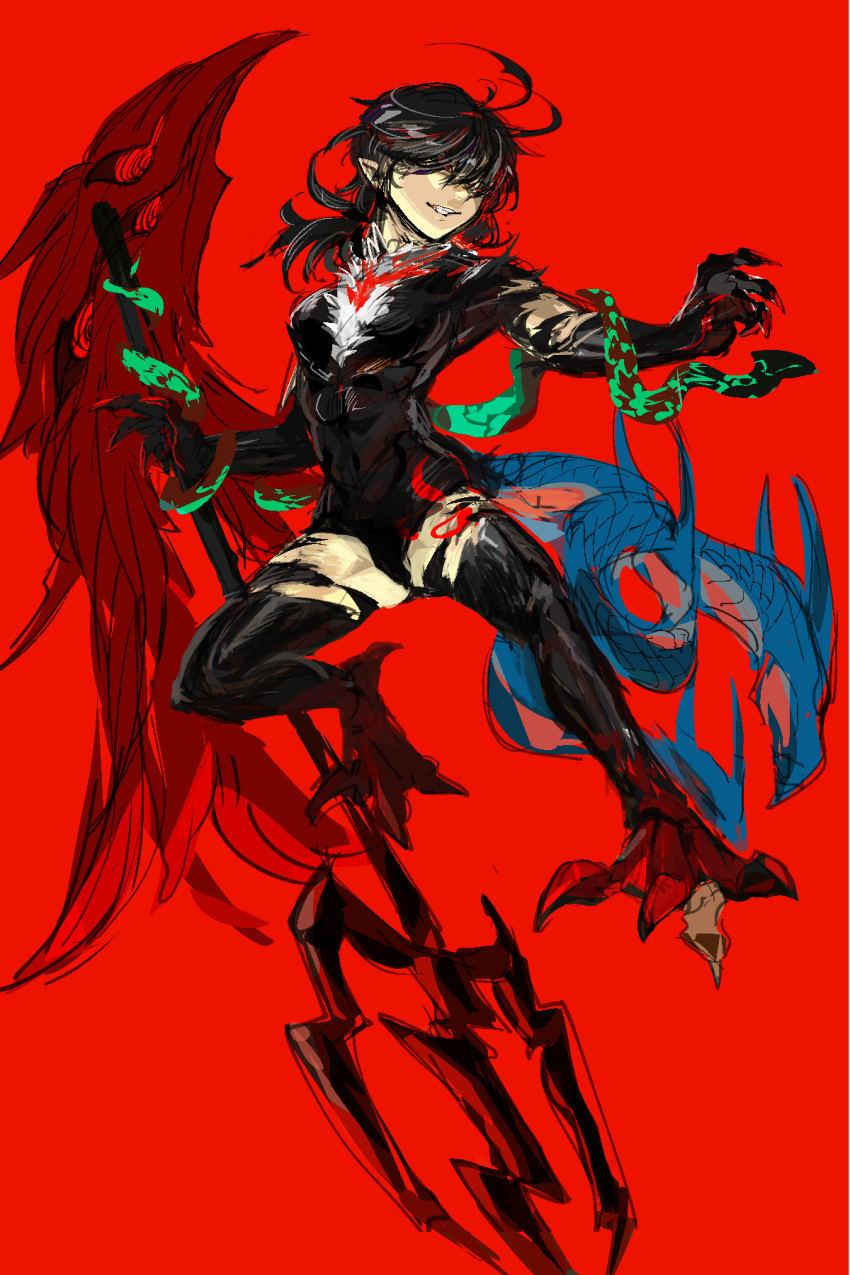 1girl asymmetrical_wings bangs black_hair blue_wings chamaruku claws elbow_gloves full_body gloves grin hair_over_eyes highres houjuu_nue leotard long_hair monster_girl pointy_ears polearm red_background red_wings simple_background sketch smile snake solo thigh-highs torn_clothes touhou trident weapon wings