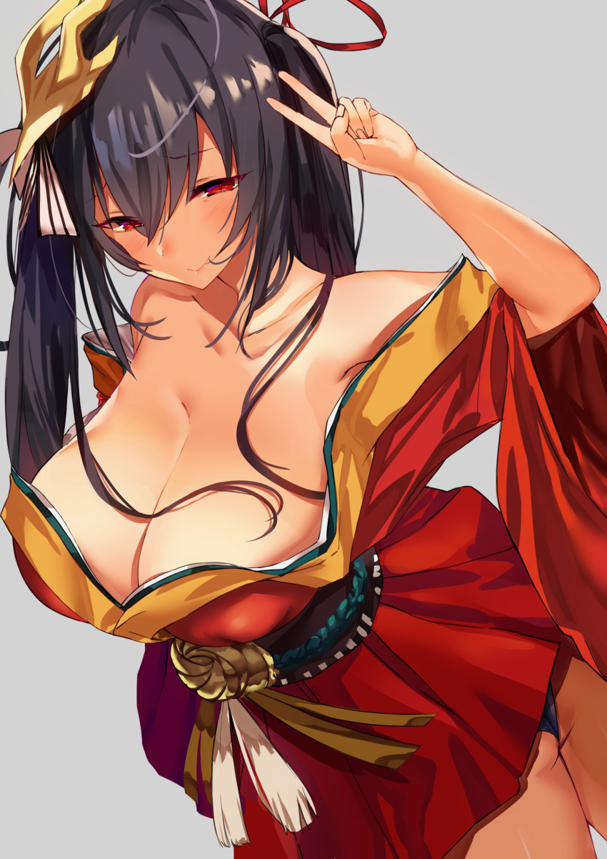 1girl ahoge azur_lane bangs bare_shoulders black_hair blush bokki_oniisan breasts cleavage collarbone eyebrows_visible_through_hair feathers hair_between_eyes hair_ribbon hand_up highres huge_breasts japanese_clothes kimono large_breasts long_hair looking_at_viewer mask mask_on_head obi off_shoulder red_eyes red_kimono ribbon sash sidelocks simple_background smile solo striped striped_ribbon taihou_(azur_lane) twintails v very_long_hair wide_sleeves