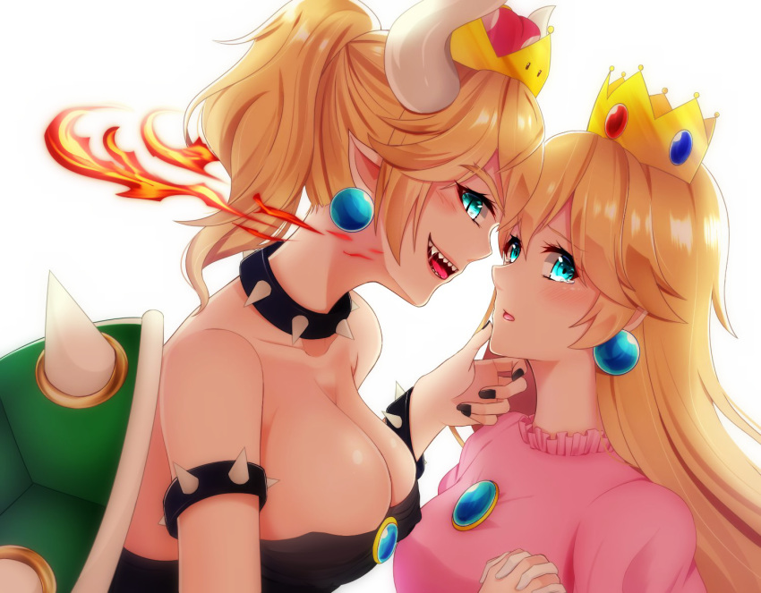 2girls :d :o aqua_eyes armlet bare_shoulders black_dress blonde_hair bowsette bracelet breasts chin_grab cleavage collar collarbone commentary_request couple crown dress earrings fangs female fire gem hair_flaps hand_holding hand_on_another's_chin hand_up hands_up highres horns imminent_kiss interlocked_fingers jewelry large_breasts long_hair looking_at_viewer super_mario_bros. medium_breasts monster_girl multiple_girls neck new_super_mario_bros._u_deluxe nintendo nya_rl open_mouth pink_dress pointy_ears ponytail princess_peach ruby_(stone) sapphire_(stone) sharp_teeth shell short_hair simple_background slit_pupils smile spiked_armlet spiked_bracelet spiked_collar spiked_shell spikes strapless strapless_dress super_crown super_mario_bros. tears teeth turtle_shell upper_body white_background white_horns yuri