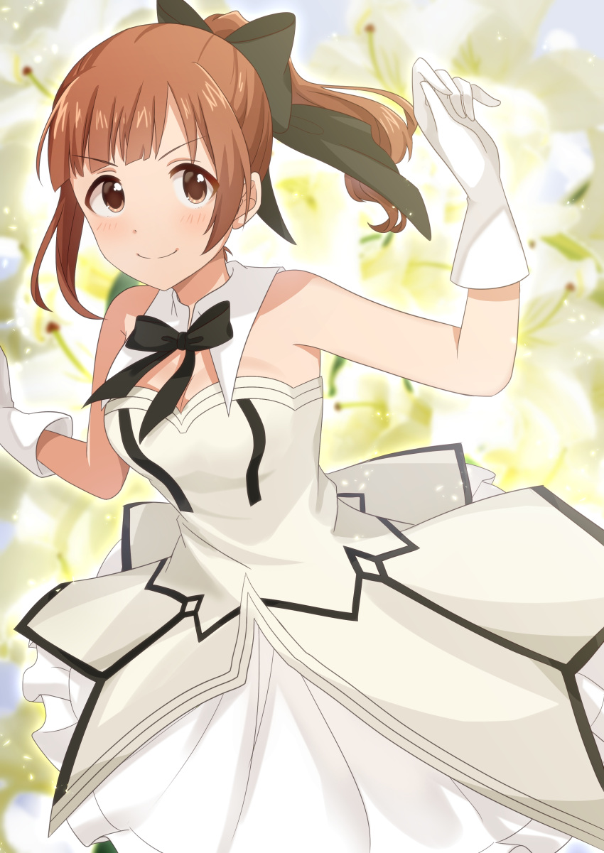 1girl absurdres aki_no_suke_p artoria_pendragon_(all) black_bow blush bow bowtie brown_eyes brown_hair choker cosplay floating_hair flower gloves hair_bow highres idolmaster idolmaster_cinderella_girls igarashi_kyouko lily_(flower) long_hair looking_at_viewer ponytail saber_lily saber_lily_(cosplay) shiny shiny_hair skirt sleeveless smile solo standing white_gloves white_skirt