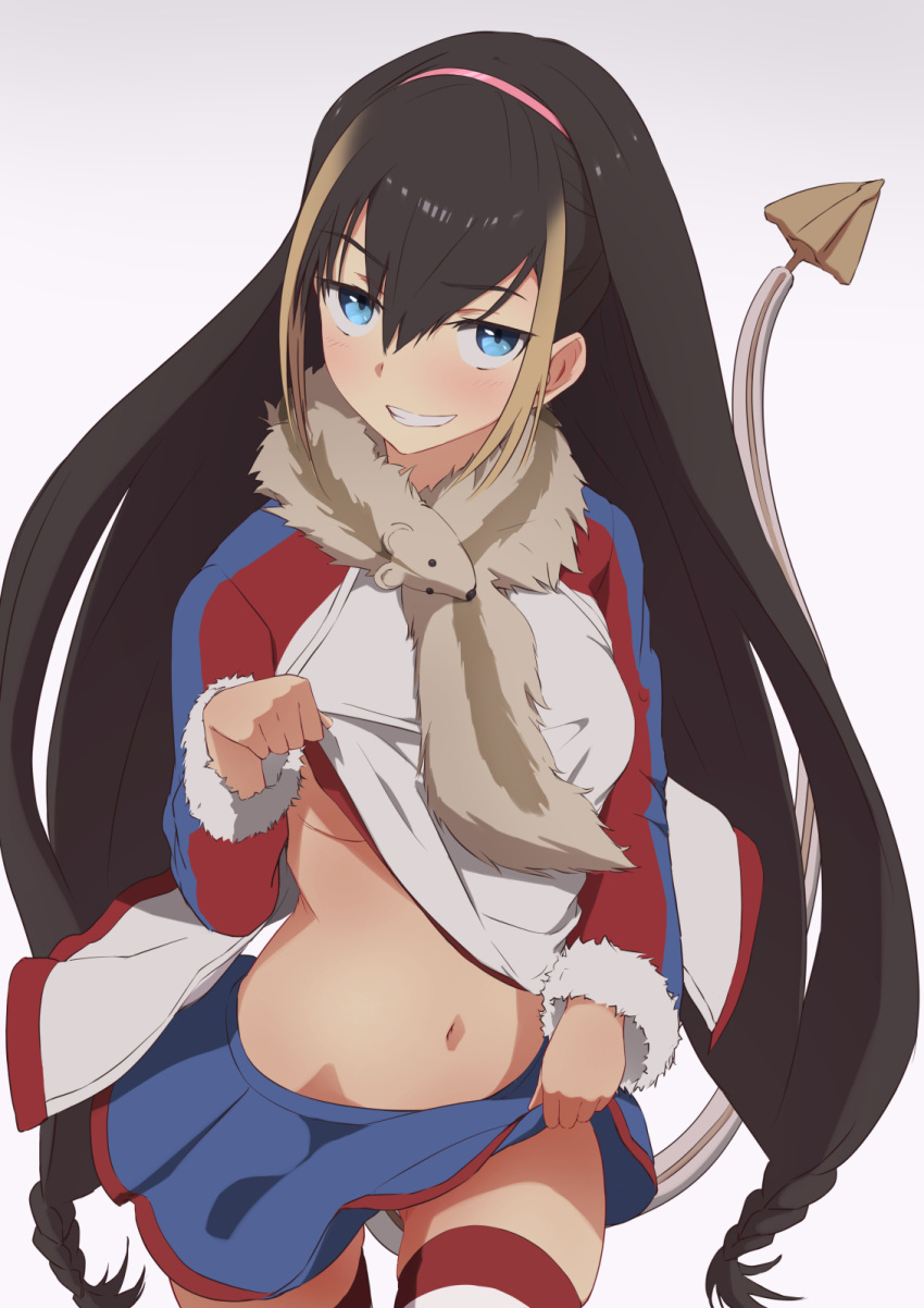 1girl bangs black_hair blue_eyes blue_skirt blush braid breasts cowboy_shot demon_tail eyebrows_visible_through_hair fake_tail fur-trimmed_sleeves fur_scarf fur_trim gradient gradient_background hair_between_eyes hairband highres jacket jacket_lift lessar long_hair long_sleeves looking_at_viewer low-tied_long_hair low_braid low_tied_hair midriff miniskirt multicolored_hair navel no_bra pink_hairband sanpaku sidelocks skindentation skirt skirt_lift small_breasts smile smug solo sonri streaked_hair striped striped_legwear tail thigh-highs thighs to_aru_majutsu_no_index track_jacket tsurime two-tone_hair under_boob very_long_hair zettai_ryouiki