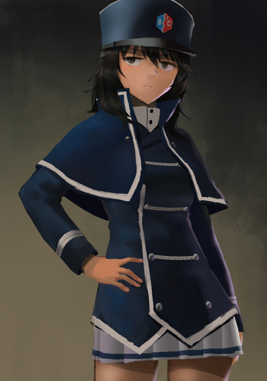 1girl adapted_uniform andou_(girls_und_panzer) bangs bc_freedom_(emblem) bc_freedom_military_uniform black_hair blue_capelet blue_hat blue_jacket brown_eyes capelet closed_mouth commentary cowboy_shot dark_skin double-breasted dress_shirt dress_uniform emblem frown furukawa_herzer girls_und_panzer hand_on_hip hat high_collar highres jacket long_sleeves looking_at_viewer medium_hair messy_hair military military_hat military_uniform miniskirt pleated_skirt shako_cap shirt single_horizontal_stripe skirt solo uniform white_shirt white_skirt