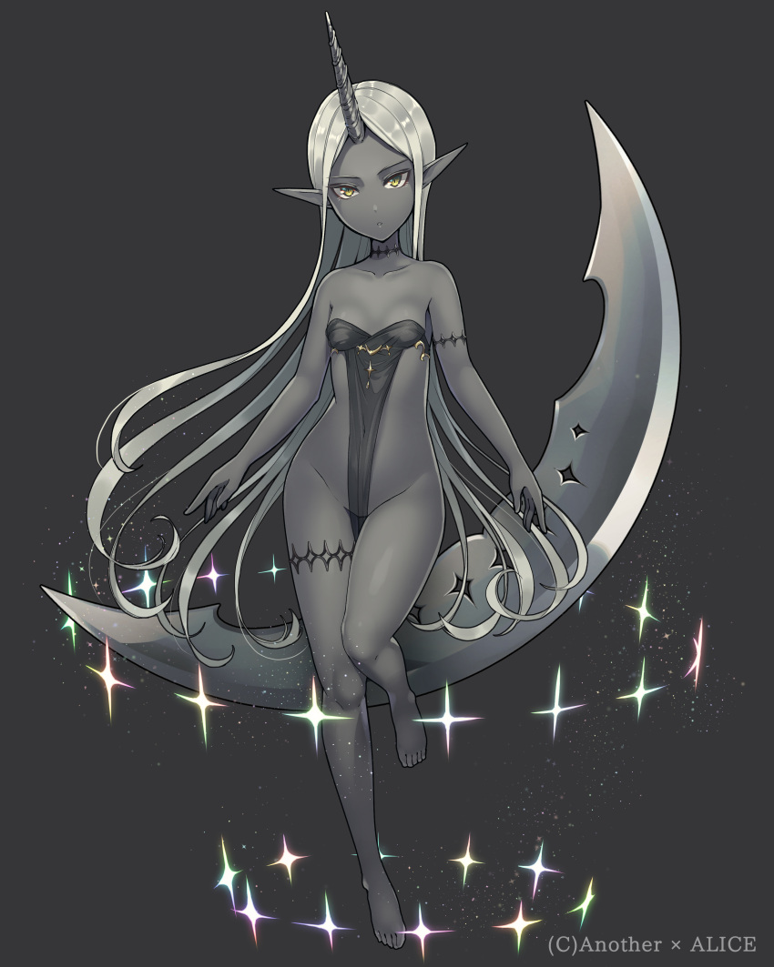 1girl absurdres anotherxalice armlet bare_shoulders barefoot breasts chestnut_mouth choker copyright_name crescent full_body grey_skin highres horn long_hair looking_at_viewer nyasunyadoora official_art pointy_ears silver_hair small_breasts solo yellow_eyes