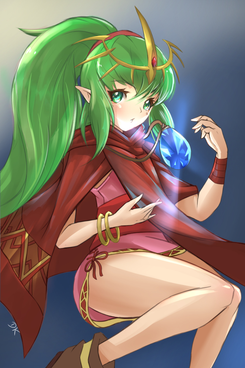 1girl bracelet chiki cloak deekei dress fire_emblem fire_emblem:_mystery_of_the_emblem fire_emblem_heroes green_eyes green_hair hair_ribbon highres jewelry long_hair mamkute nintendo pink_dress pointy_ears ponytail ribbon short_dress solo stone tiara wristband