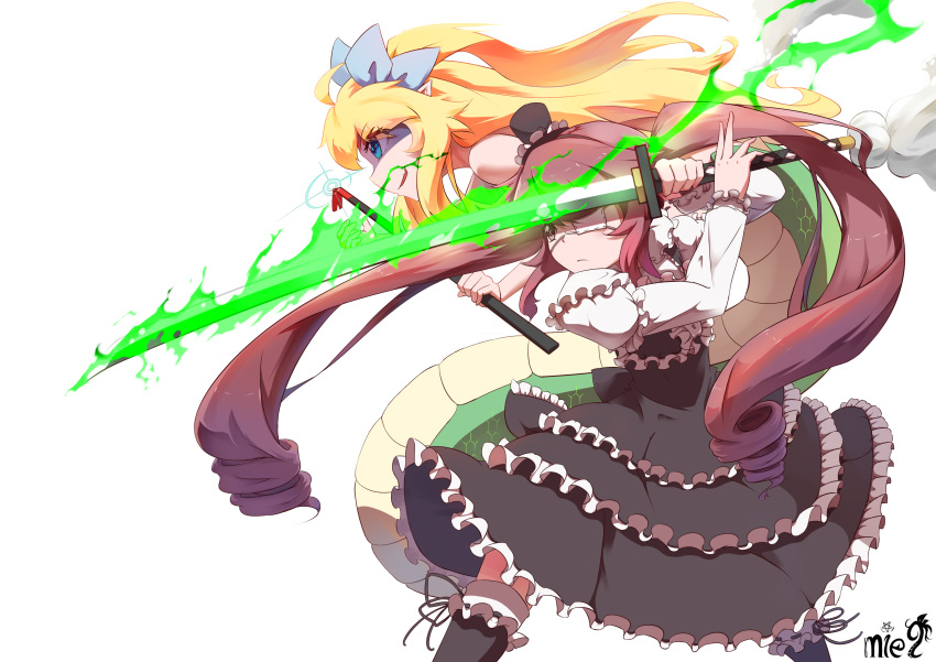 2girls absurdres ahoge bilibili-mei9 blonde_hair blue_eyes blue_ribbon brown_eyes brown_hair crowbar eyebrows_visible_through_hair eyepatch frills gothic_lolita hair_ribbon hanazono_yurine hat highres jashin-chan jashin-chan_dropkick katana lamia lolita_fashion long_hair long_sleeves mini_hat monster_girl multiple_girls ribbon sword tilted_headwear twintails weapon