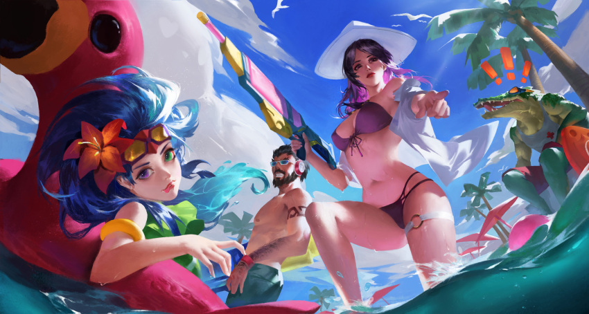 2boys 2girls :p armband ball beachball beard bikini bird blue_hair blue_sky breasts brown_hair caitlyn_(league_of_legends) cleavage day facial_hair flamingo flower green_eyes green_swimsuit hair_flower hair_ornament hat headphones heterochromia highres lao_wang league_of_legends malcolm_graves male_swimwear multiple_boys multiple_girls mustache navel open_clothes outdoors partially_submerged pointing pointing_at_viewer pool pool_party_caitlyn pool_party_graves pool_party_renekton pool_party_zoe poolside purple_hair renekton sharp_teeth sitting sky sunglasses swim_trunks swimsuit swimwear tank_top teeth tongue tongue_out topless tree violet_eyes water water_gun zoe_(league_of_legends)