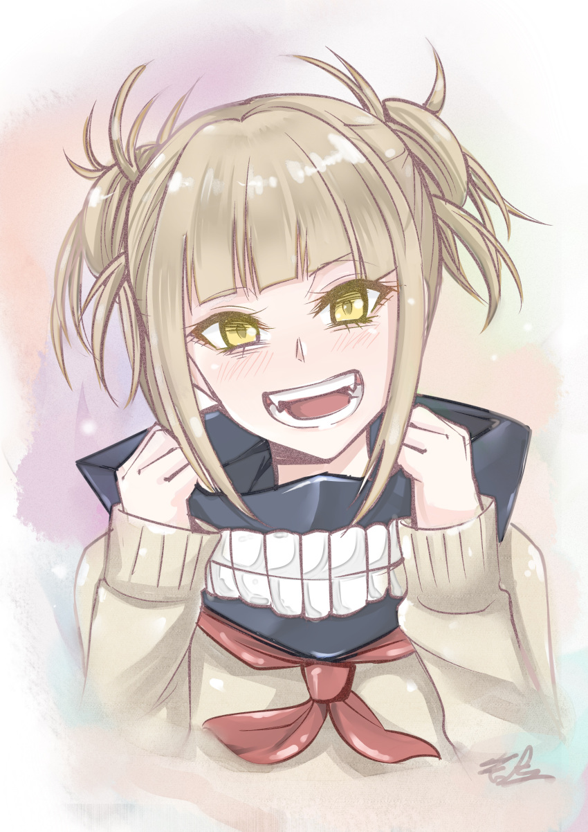 1girl :d absurdres bangs blonde_hair blunt_bangs boku_no_hero_academia fan grey_sweater gu_li head_tilt highres looking_at_viewer neckerchief open_mouth red_neckwear shiny shiny_hair sidelocks smile solo sweater tied_hair toga_himiko upper_body yellow_eyes