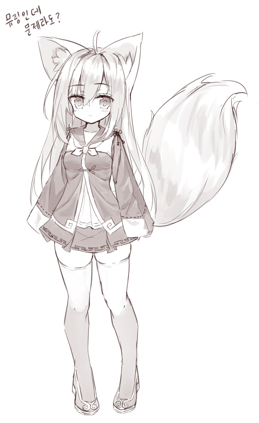 1girl absurdres ahoge animal_ear_fluff animal_ears bangs blush breasts closed_mouth collarbone commentary_request dress eyebrows_visible_through_hair flower_knot fox_ears fox_girl fox_tail full_body greyscale hair_between_eyes highres korean long_hair long_sleeves looking_at_viewer monochrome original pleated_dress sailor_dress shoes sidelocks sleeves_past_fingers sleeves_past_wrists small_breasts solo tail tail_raised tandohark thigh-highs translation_request very_long_hair