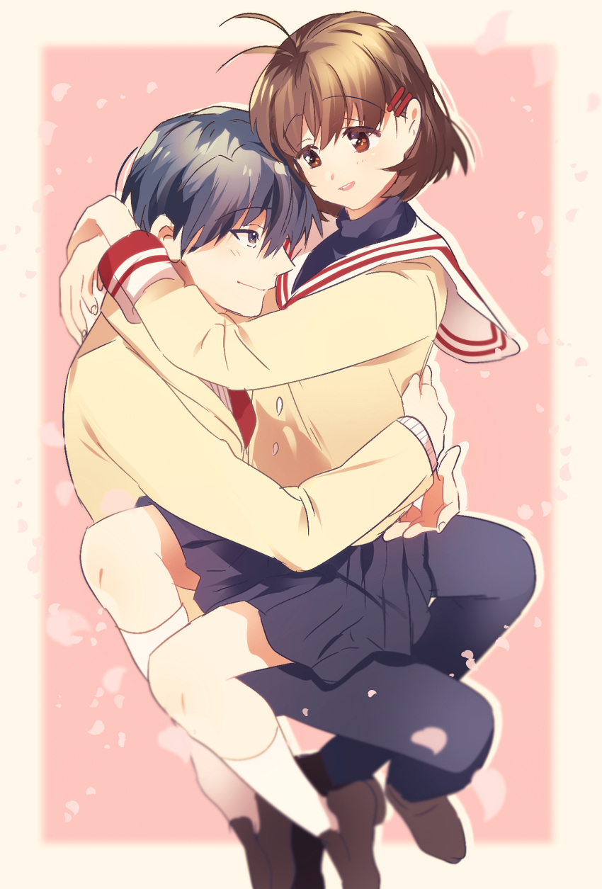 1boy 1girl antenna_hair beige_blazer blue_eyes blue_hair blue_pants blue_skirt blurry brown_eyes brown_hair cherry_blossoms clannad couple depth_of_field full_body furukawa_nagisa hetero highres hikarizaka_private_high_school_uniform okazaki_tomoya pants petals pleated_skirt sailor_collar school_uniform short_hair skirt takumi_(scya) white_sailor_collar winter_uniform