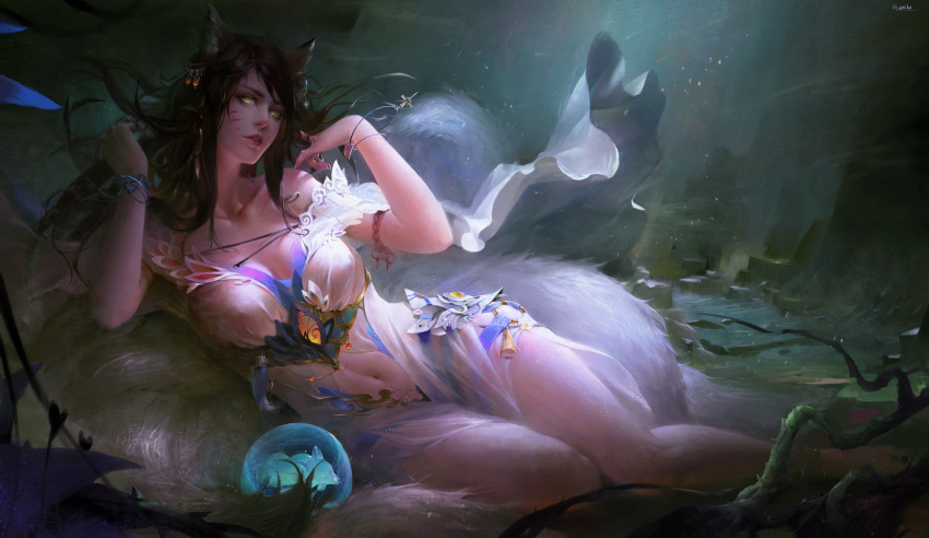 1girl alternate_costume animal_ears breasts cleavage collarbone dress fox_ears fox_girl fox_tail highres lao_wang league_of_legends long_hair navel parted_lips solo tail whisker_markings yellow_eyes