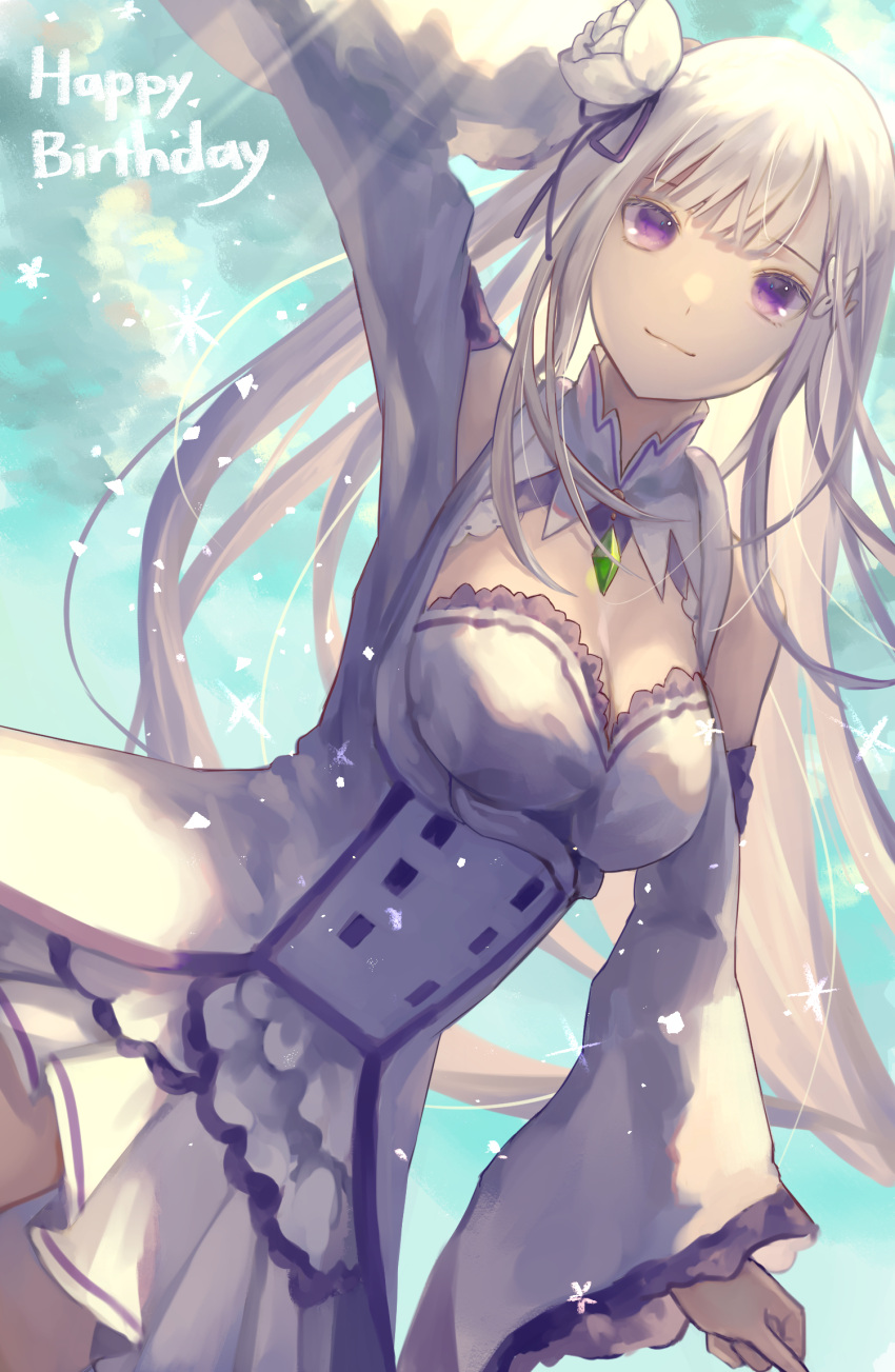 1girl arm_up breasts choker cleavage day dutch_angle emilia_(re:zero) floating_hair flower gem hair_flower hair_ornament hair_ribbon happy_birthday highres long_hair long_sleeves looking_at_viewer medium_breasts miniskirt nomuraumu outdoors pleated_skirt purple_ribbon re:zero_kara_hajimeru_isekai_seikatsu ribbon shoulder_cutout silver_hair skirt smile solo sunlight violet_eyes white_flower white_skirt