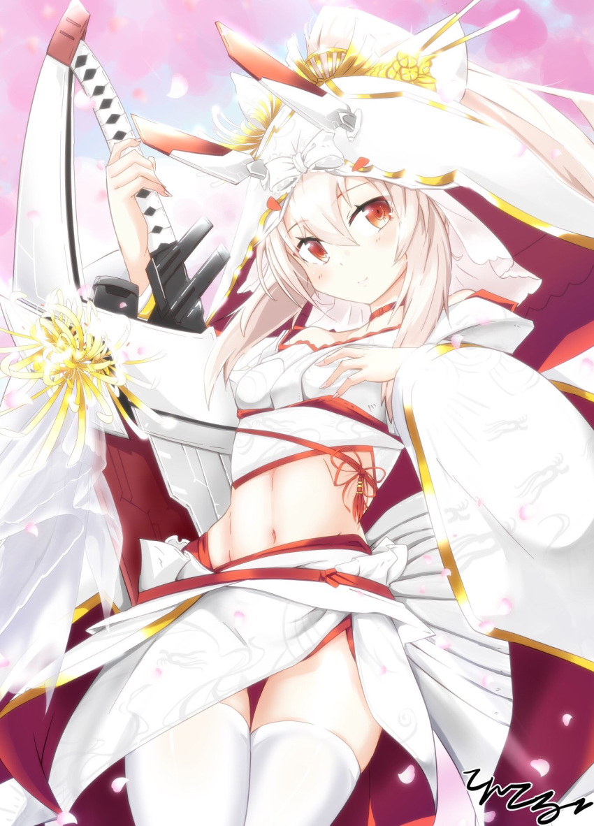 1girl ayanami_(azur_lane) azur_lane blush closed_mouth commentary_request crop_top eyebrows_visible_through_hair hair_between_eyes highres holding holding_sword holding_weapon light_brown_hair long_hair looking_at_viewer remodel_(azur_lane) revision smile solo sword tenteru thigh-highs weapon