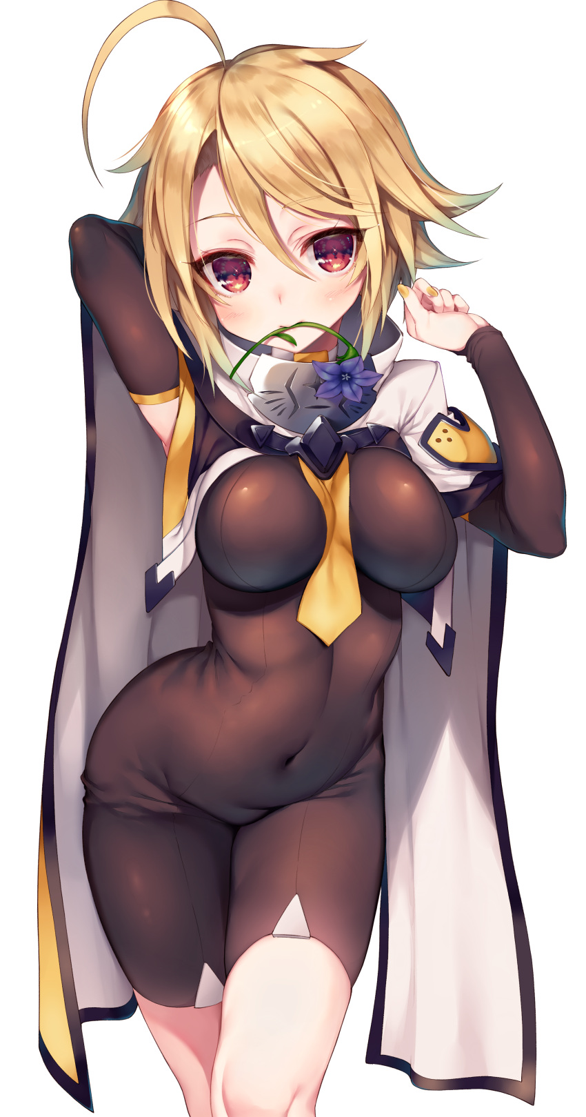 1girl absurdres ahoge arms_up blazblue blonde_hair blush bodysuit cape covered_navel flower highres himegi_you lambda-11 long_hair mouth_hold red_eyes simple_background solo white_background