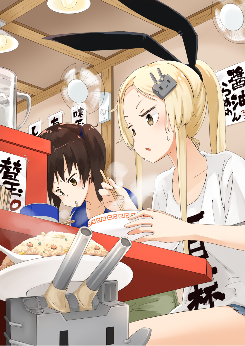 2girls alternate_costume alternate_hairstyle beer_mug black_hair bowl brown_eyes casual chopsticks commentary_request contemporary eating electric_fan food fried_rice hair_ornament highres holding kaga_(kantai_collection) kantai_collection light_brown_hair long_hair machinery multiple_girls noodles pokasu ramen rensouhou-chan shimakaze_(kantai_collection) shirt side_ponytail sweat t-shirt translation_request turret