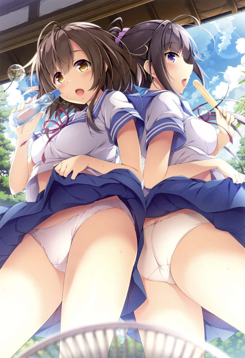 2girls :p absurdres akizora_momiji ass bangs black_hair blue_eyes blue_skirt blue_sky blurry blurry_foreground blush bottle breasts brown_eyes brown_hair clouds cloudy_sky condensation cowboy_shot crotch_seam day depth_of_field electric_fan eyebrows_visible_through_hair food highres holding holding_bottle holding_food lens_flare lifted_by_self lips looking_at_viewer medium_breasts midriff miniskirt multiple_girls neck_ribbon open_mouth original outdoors panties pleated_skirt popsicle purple_neckwear ramune ribbon school_uniform serafuku skirt skirt_lift sky sparkle standing sweatdrop thighs tongue tongue_out tree underwear white_panties wind_chime