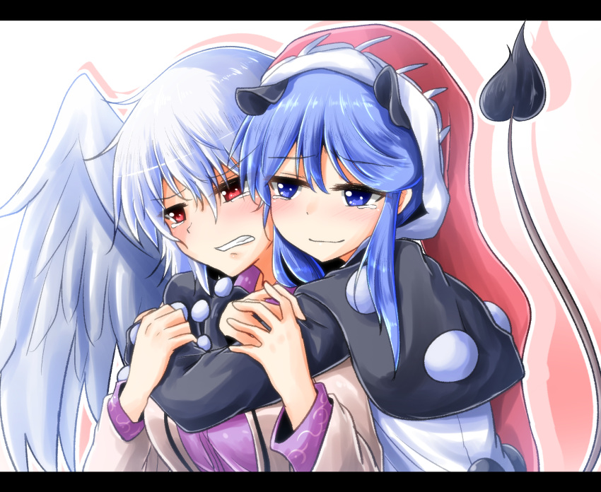 2girls animal_ears bangs beige_jacket black_dress blue_eyes blue_hair blush breasts clenched_teeth commentary_request crying crying_with_eyes_open doremy_sweet dress eyebrows_visible_through_hair feathered_wings hair_between_eyes hands_up happy_tears hat head_tilt hug hug_from_behind jacket kishin_sagume large_breasts letterboxed long_sleeves looking_at_another multicolored multicolored_clothes multicolored_dress multiple_girls open_clothes open_jacket oshiaki outline pom_pom_(clothes) purple_dress red_eyes red_hat santa_hat short_hair sidelocks silhouette silver_hair simple_background single_wing smile tail tapir_ears tapir_tail tears teeth touhou upper_body white_background white_dress white_outline white_wings wings yuri