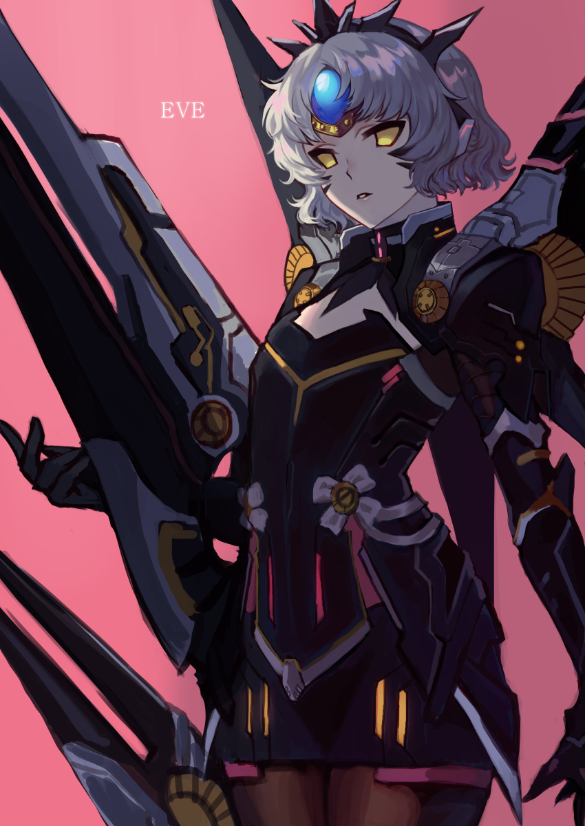 1girl absurdres arm_at_side armor armored_dress bangs black_dress black_gloves brown_legwear character_name commentary cowboy_shot dress elsword empty_eyes eve_(elsword) facial_mark faulds forehead_jewel gloves grey_hair highres huge_weapon looking_at_viewer mechanical_wings on_(isk1812) pale_skin pantyhose parted_bangs parted_lips pink_background short_hair shoulder_armor simple_background solo tiara weapon whisker_markings wings yellow_eyes