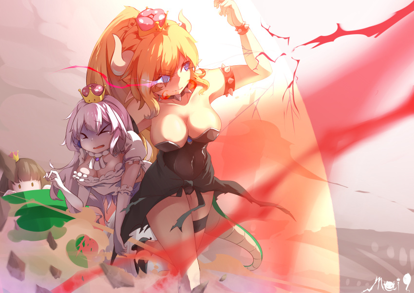 3girls absurdres bilibili-mei9 bowsette bracelet character_request collar crown dress force_field highres jewelry luigi's_mansion super_mario_bros. multiple_girls new_super_mario_bros._u_deluxe nintendo pale_skin princess_king_boo sharp_teeth spiked_armlet spiked_bracelet spiked_collar spiked_shell spiked_tail spikes super_crown teeth turtle_shell white_dress white_hair