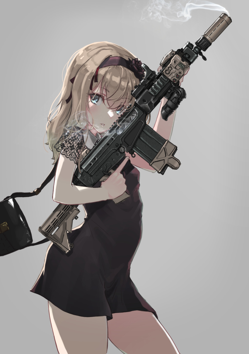 :o aqua_eyes arched_back breasts contrapposto cowboy_shot eyebrows_visible_through_hair gun hairband highres londe_hair long_hair looking_to_the_side narrow_waist oota_youjo original rifle simple_background small_breasts smoke standing suppressor trigger_discipline weapon