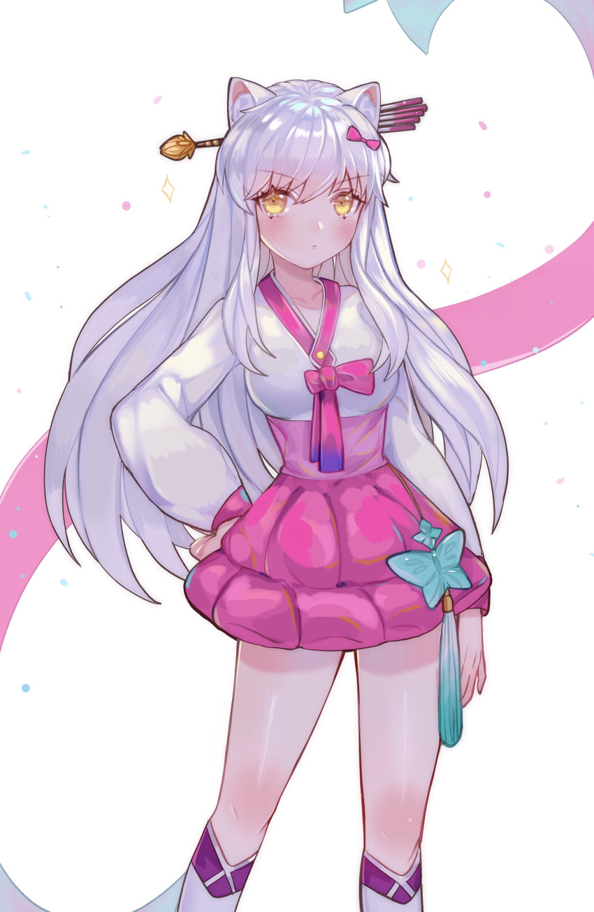 1girl absurdres animal_ears blush bow cat_ears cola eyebrows_visible_through_hair floating_hair genderswap genderswap_(mtf) hair_between_eyes hair_bow hair_ornament hairpin hand_on_hip high-waist_skirt highres inuyasha inuyasha_(character) kneehighs long_hair meowlian pink_skirt red_bow shiny shiny_hair shiny_skin shirt silver_hair skirt solo standing very_long_hair white_legwear white_shirt yellow_eyes