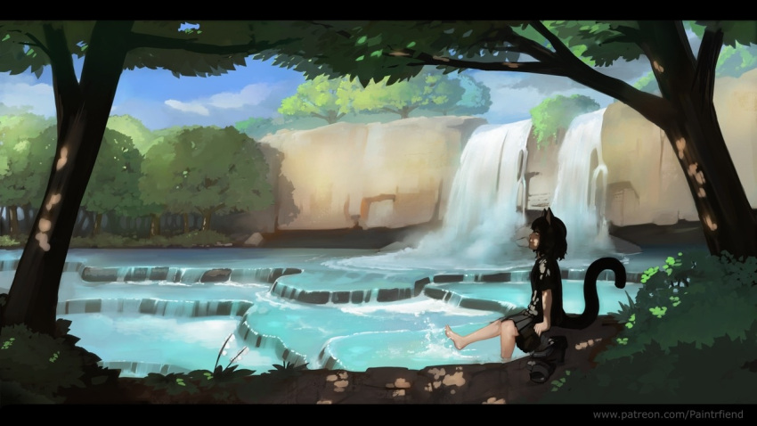 1girl animal_ears barefoot black_hair cat_ears cat_tail day forest nature original outdoors paintrfiend patreon_username pleated_skirt shoes_removed short_hair sitting skirt smile solo splashing tail tree water waterfall watermark web_address yellow_eyes