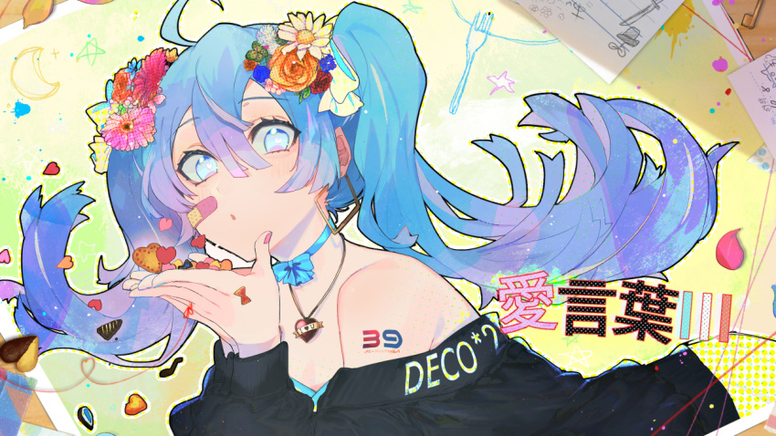 1girl :o ahoge bandaid bandaid_on_face bare_shoulders black_sweater blowing blue_bow blue_eyes blue_hair blue_nails blush bow bow_choker casual clothes_writing commentary_request crescent_moon daisy eighth_note flower fork gradient_hair hair_between_eyes hair_flower hair_ornament hassan_(sink916) hatsune_miku heart heart_necklace heart_of_string holding jewelry long_hair long_sleeves looking_at_viewer lying moon multicolored multicolored_hair multicolored_nails musical_note nail_polish number_tattoo off-shoulder_sweater on_stomach orange_flower orange_rose own_hands_together paper parted_lips pendant petals pink_flower pink_hair pink_nails red_ribbon red_string ribbon rose shorts shoulder_tattoo solo splatter string sweater tattoo translated twintails vocaloid white_flower yellow_shorts