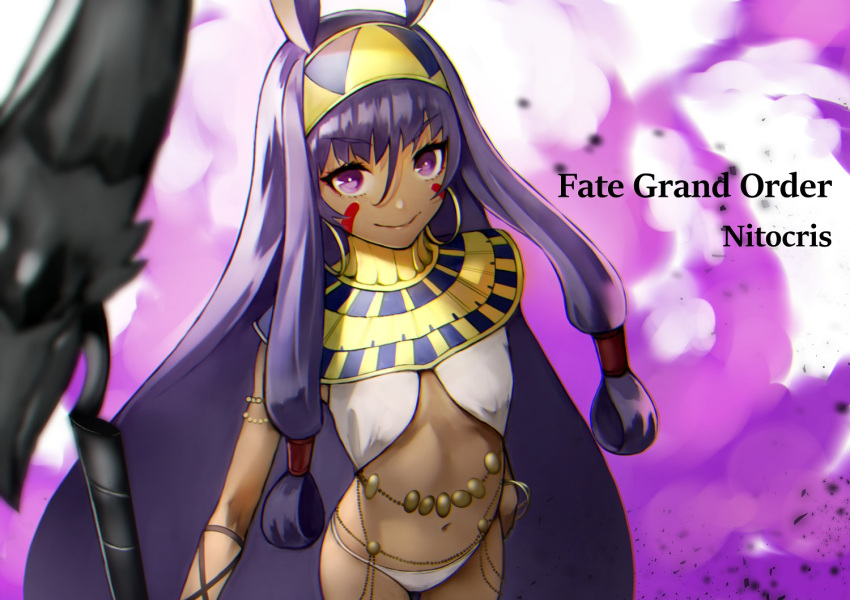 1girl 55level belly_chain character_name copyright_name dark_skin earrings egyptian egyptian_clothes facepaint facial_mark fate/grand_order fate_(series) from_above gold_trim hair_spread_out hoop_earrings jewelry long_hair looking_at_viewer navel nitocris_(fate/grand_order) purple purple_hair solo standing usekh_collar very_long_hair violet_eyes white_pupils
