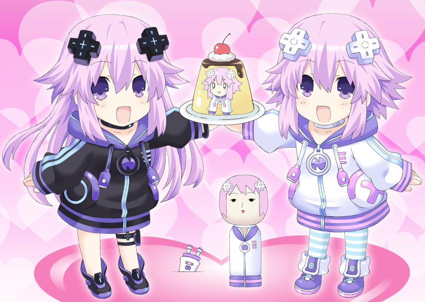 0_0 2girls :3 :d adult_neptune cherry chibi choujigen_game_neptune collar collarbone eyebrows_visible_through_hair food fruit hair_between_eyes hair_ornament heart heart_background hood hooded_track_jacket jacket kagura_ittou kokeshi long_hair looking_at_viewer multiple_girls neptune_(choujigen_game_neptune) neptune_(series) open_mouth outstretched_arm plate pudding purple_hair shin_jigen_game_neptune_vii shoes sleeves_past_wrists smile standing striped striped_legwear thigh_strap track_jacket v-shaped_eyebrows very_long_hair violet_eyes