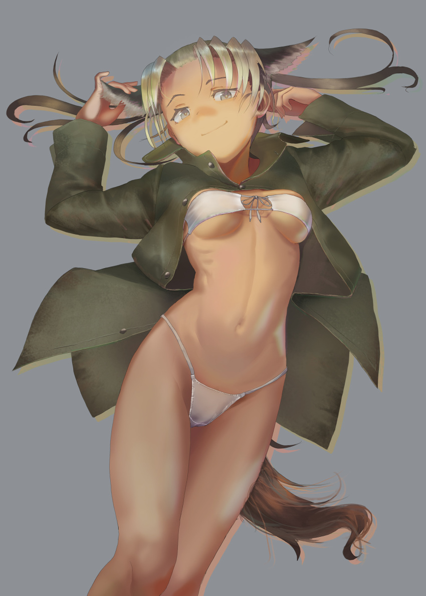 1girl animal_ears arms_up bangs bikini breasts brown_jacket closed_mouth commentary_request cowboy_shot crotch_seam eyepatch_bikini front-tie_bikini front-tie_top furukawa_herzer grey_background hand_in_hair hand_on_ear head_tilt highleg highleg_bikini highres horse_ears horse_tail jacket light_brown_eyes light_brown_hair looking_at_viewer navel no_pants open_clothes open_jacket original parted_bangs simple_background small_breasts smirk smug solo standing string_bikini swimsuit tail tan thighs white_bikini world_witches_series