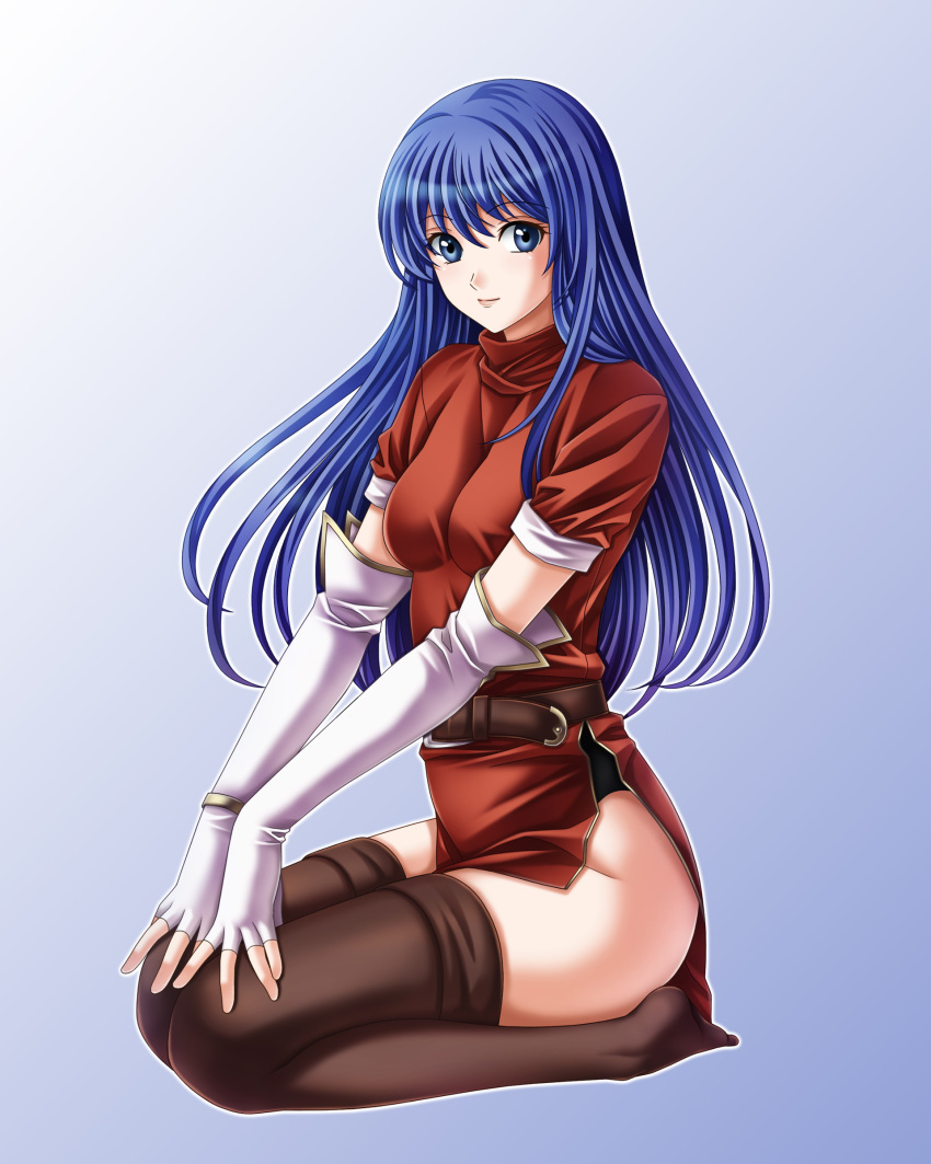 1girl absurdres armor blue_eyes blue_hair blush dress fingerless_gloves fire_emblem fire_emblem:_mystery_of_the_emblem gloves highres long_hair looking_at_viewer nintendo pegasus_knight polearm sheeda short_hair side_slit simple_background smile solo tamamon thigh-highs thighs weapon zettai_ryouiki