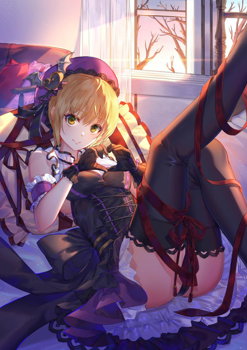 1girl absurdres arm_garter ass bed black_bow black_legwear blonde_hair blush bow breasts closed_mouth curtains day eyebrows_visible_through_hair green_eyes hat heart heart_hands highres idolmaster idolmaster_cinderella_girls indoors looking_at_viewer lying medium_breasts miyamoto_frederica on_back pillow purple_hat purple_skirt red_ribbon ribbon shenteita short_hair skirt smile solo thigh-highs tree window