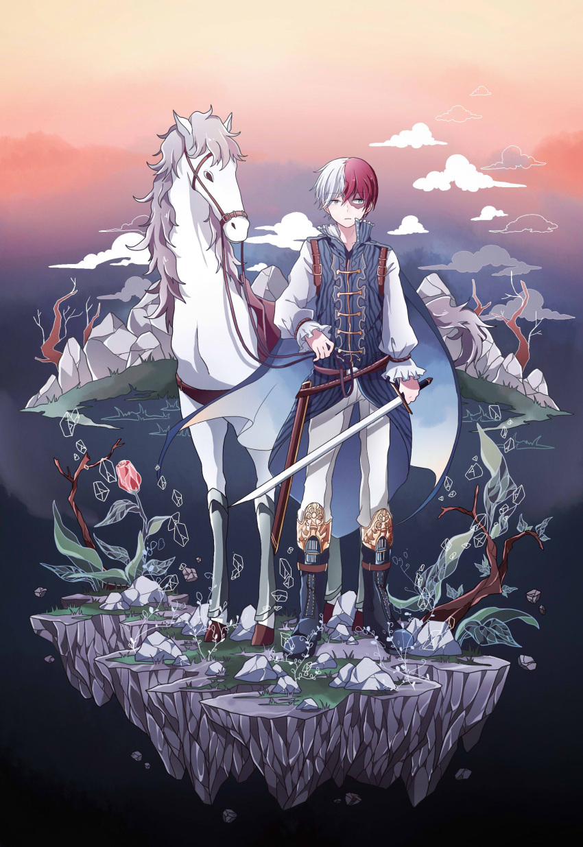 1boy absurdres azure-aoi- blue_eyes boku_no_hero_academia boots burn_mark full_body highres holding holding_sword holding_weapon horse long_sleeves looking_at_viewer male_focus multicolored_hair pants redhead shirt silver_hair solo standing sword todoroki_shouto two-tone_hair weapon white_pants white_shirt