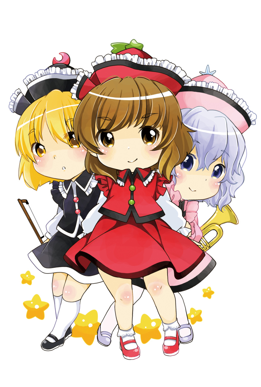 3girls :&gt; :o arms_at_sides bangs behind_another bending_forward berry_jou black_footwear black_skirt black_vest blonde_hair blue_eyes blue_hair blush bobby_socks bow_(instrument) brown_eyes brown_hair chibi commentary_request contrapposto crescent eyebrows_visible_through_hair hair_between_eyes hat highres instrument kneehighs looking_at_viewer lunasa_prismriver lyrica_prismriver mary_janes merlin_prismriver multiple_girls pantyhose peeking_out pink_skirt pink_vest red_footwear red_skirt red_vest shirt shoes short_hair siblings silver_footwear simple_background sisters skirt smile socks star star_hat_ornament sun_(symbol) swept_bangs touhou vest white_background white_legwear white_shirt yellow_eyes