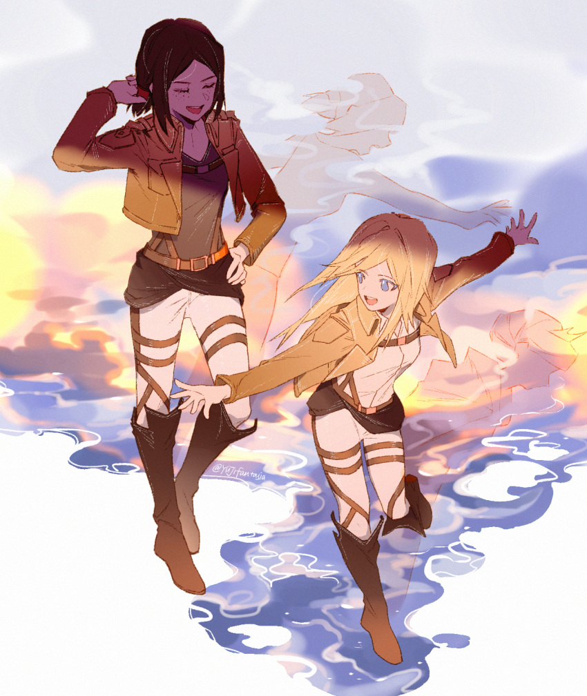 2girls belt blonde_hair blue_eyes boots breasts brown_hair christa_renz closed_eyes cropped_jacket hand_on_hip highres knee_boots medium_breasts multiple_girls outstretched_arms pants shingeki_no_kyojin smile thigh_strap ymir_(shingeki_no_kyojin) yuji_(fantasia)