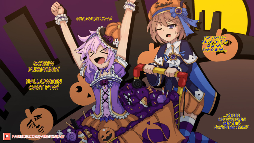 &gt;_&lt; 2girls :d ;o arms_up blanc blue_cape blue_eyes blue_jacket blush brown_hair cape capelet clenched_hands commentary d-pad d-pad_hair_ornament english food full_moon garter_straps hair_between_eyes hair_ornament halloween halloween_costume jacket long_sleeves looking_at_another medium_hair moon multiple_girls neptune_(choujigen_game_neptune) neptune_(series) one_eye_closed open_mouth orange_skirt outdoors patreon_username pumpkin_hat purple_corset purple_hair purple_shirt pushing riding shirt shopping_cart short_hair short_sleeves skirt smile striped striped_legwear sweets thigh-highs verniy_misaki wide_sleeves