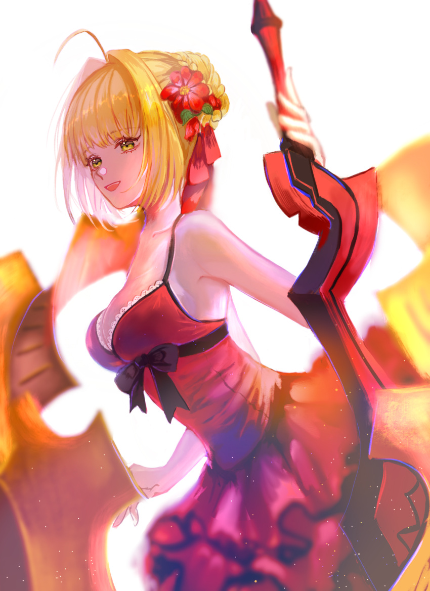 1girl braid crown_braid fate_(series) flower hair_flower hair_ornament highres nero_claudius_(fate) nero_claudius_(fate)_(all) nero_claudius_(swimsuit_caster)_(fate) rec.07 short_hair sword weapon