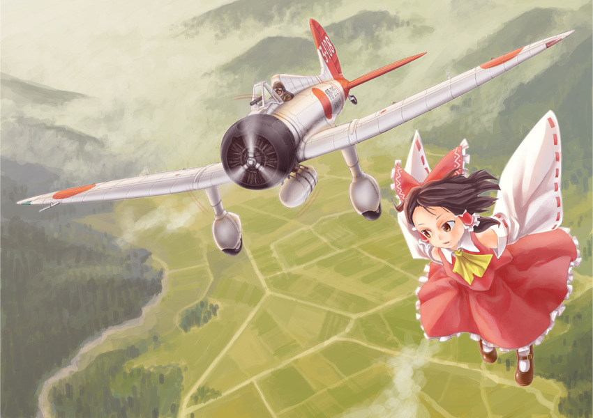 1girl a5m aircraft airplane ascot black_hair bow brown_eyes chanko clouds collared_shirt commentary_request detached_sleeves flying frilled_skirt frills hair_bow hair_tubes hakurei_reimu landscape light_frown looking_at_another looking_back mary_janes medium_hair medium_skirt motion_blur nontraditional_miko open_mouth partial_commentary red_bow red_shirt red_skirt ribbon-trimmed_sleeves ribbon_trim roundel shirt shoes sidelocks skirt skirt_set sleeveless sleeveless_shirt socks touhou white_legwear wide_sleeves yellow_neckwear