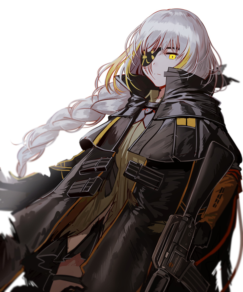 1girl assault_rifle bangs black_gloves blonde_hair braid cloak closed_mouth commentary corruption expressionless eyepatch floating_hair girls_frontline gloves gun highres holding holding_gun holding_weapon jacket long_hair looking_at_viewer m16 m16a1 m16a1_(girls_frontline) magazine_(weapon) mole mole_under_eye multicolored_hair rifle sangvis_ferri scar shirt sidelocks silence_girl solo spoilers streaked_hair weapon white_background white_hair wind yellow_eyes