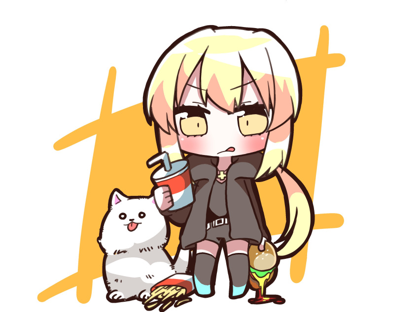 1girl absurdres animal artoria_pendragon_(all) bangs belt belt_buckle bendy_straw black_jacket black_legwear black_shirt black_shorts blonde_hair buckle chibi closed_mouth commentary_request cup disposable_cup dog drinking_straw eyebrows_visible_through_hair fast_food fate/stay_night fate_(series) food french_fries hamburger highres holding holding_cup holding_food hood hood_down hooded_jacket jacket jako_(jakoo21) jewelry long_hair looking_at_viewer low_twintails open_clothes open_jacket pendant saber_alter shirt short_shorts shorts sidelocks solo standing thigh-highs tongue tongue_out twintails v-shaped_eyebrows very_long_hair white_belt yellow_eyes