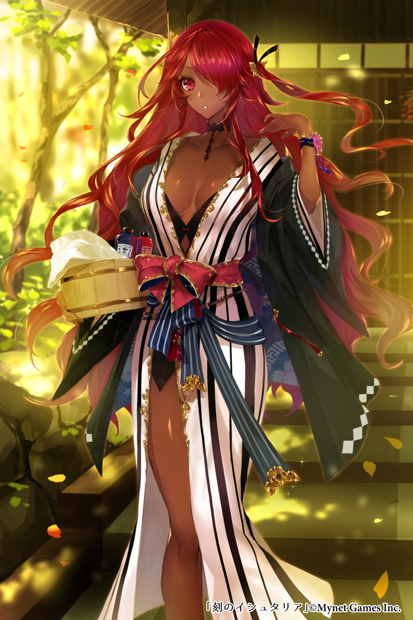 1girl absurdres age_of_ishtaria apt bangs bracelet breasts bucket choker collarbone commentary_request copyright_name dark_skin hair_ornament hair_over_one_eye highres indoors japanese_clothes jewelry kimono long_hair medium_breasts mordred_(age_of_ishtaria) official_art petals red_eyes redhead shiny shiny_hair shiny_skin stairs striped tree vertical_stripes wide_sleeves wooden_bucket yukata