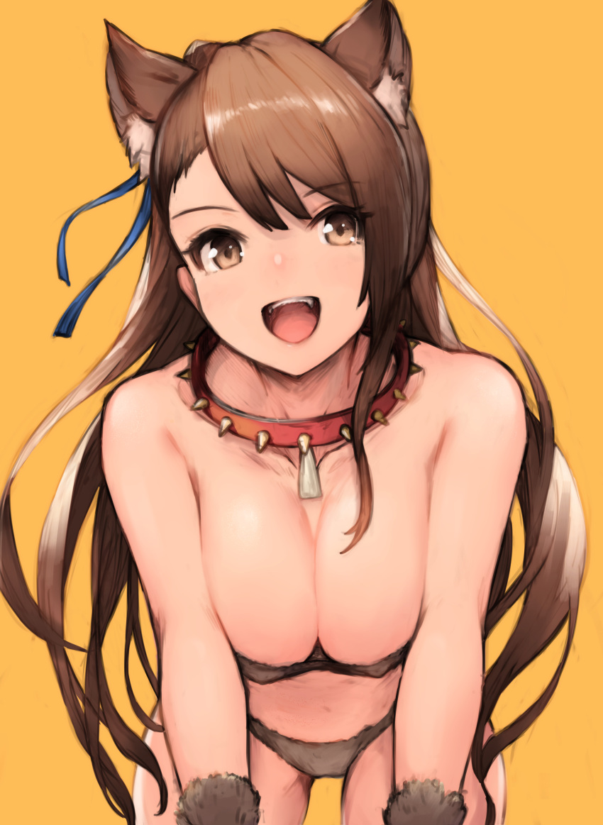 1girl :d absurdres all_fours animal_ears beatrix_(granblue_fantasy) blue_ribbon breasts brown_eyes brown_hair cleavage collar dog_collar eyebrows_visible_through_hair fangs fur_bikini fur_trim granblue_fantasy hair_ribbon highres koretsuki_azuma large_breasts leaning_forward long_hair open_mouth red_collar ribbon shiny shiny_hair simple_background smile solo spiked_collar spikes straight_hair upper_teeth very_long_hair yellow_background