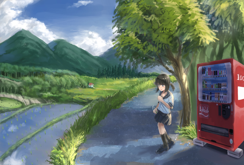 1girl :o arm_at_side bangs black_eyes black_footwear black_hair black_legwear blue_sailor_collar blue_skirt blue_sky blush bottle building can clouds cloudy_sky commentary_request day farm forest fubuki_(kantai_collection) grass hadron9 hand_on_own_chest highres holding holding_bottle house kantai_collection kneehighs leaf loafers looking_away medium_hair miniskirt mountain mountainous_horizon nature outdoors pleated_skirt road sailor_collar scenery school_uniform serafuku shade shadow shirt shoes short_ponytail short_sleeves sidelocks skirt sky solo standing tree vending_machine white_shirt