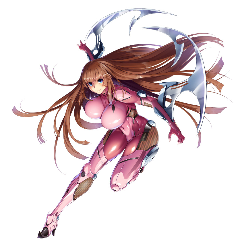 1girl absurdres aoi_nagisa_(metalder) arm_guards armor bangs blue_eyes bodysuit boots bouncing_breasts breasts brown_hair covered_navel curvy female fishnets full_body gloves high_heels highres huge_breasts impossible_bodysuit impossible_clothes jumping koukawa_asuka leg_up lilith-soft long_hair looking_at_viewer official_art pink_bodysuit shiny shiny_clothes shiny_hair shiny_skin sidelocks skin_tight smile solo taimanin_(series) taimanin_asagi taimanin_rpgx thigh-highs thighs very_long_hair weapon white_background