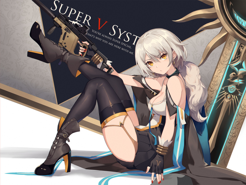 1girl bangs black_footwear black_legwear blush boots breasts character_name choker cleavage cloak closed_mouth collarbone earrings eruthika eyebrows_visible_through_hair fingerless_gloves full_body fur-trimmed_cloak garter_straps girls_frontline gloves grey_hair gun high_heel_boots high_heels highres holding holding_gun holding_weapon jewelry kriss_vector leg_up long_hair looking_at_viewer medium_breasts nail_polish off_shoulder open_mouth red_nails shirt silver_hair sitting solo submachine_gun thigh-highs thighs vector_(girls_frontline) weapon yellow_eyes