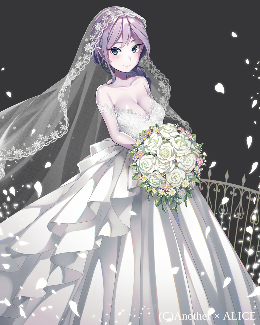 1girl absurdres anotherxalice bare_shoulders blue_earrings blue_eyes blush bouquet braid breasts bridal_gauntlets cleavage copyright_name dress earrings elbow_gloves fence flower gloves grey_background highres holding holding_bouquet jewelry large_breasts long_hair looking_at_viewer nyasunyadoora official_art petals pointy_ears purple_hair simple_background smile solo standing veil wedding_dress white_dress white_flower white_gloves