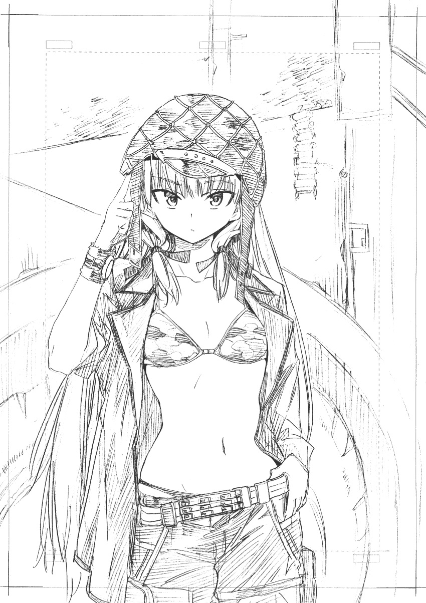 1girl absurdres adjusting_clothes adjusting_hat ammunition_belt arm_up aviator_cap bangs belt bikini bikini_under_clothes blunt_bangs breasts camouflage camouflage_bikini closed_mouth collarbone cowboy_shot eyebrows_visible_through_hair greyscale hair_tie hand_on_hip hat highres jacket kojima_takeshi long_hair looking_at_viewer monochrome navel open_clothes open_jacket original pants short_sleeves sidelocks sketch small_breasts solo stomach string_bikini sweatband swimsuit thigh_pouch thigh_strap traditional_media very_long_hair watch watch