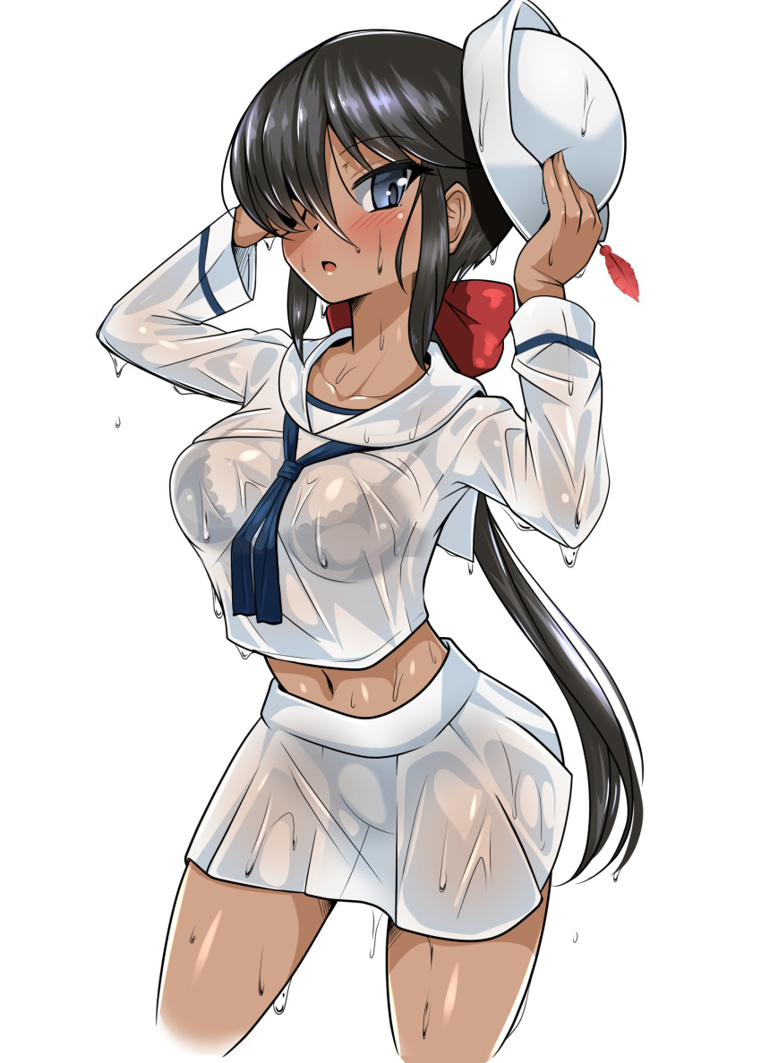 1girl bangs black_bra black_eyes black_hair blouse blush bow bra bralines commentary_request cowboy_shot cropped_legs dark_skin dixie_cup_hat eyebrows_visible_through_hair girls_und_panzer hair_bow hair_over_one_eye hat hat_feather hat_removed headwear_removed highres holding holding_hat lace lace-trimmed_bra leaning_forward long_hair long_sleeves looking_at_viewer midriff military_hat miniskirt navel navy_blue_neckwear neckerchief no_jacket ogin_(girls_und_panzer) ooarai_naval_school_uniform open_mouth pleated_skirt ponytail red_bow rubbing_eyes sailor sailor_collar school_uniform see-through sekai_saisoku_no_panda shirt simple_background skirt solo standing swept_bangs thighs underwear wet wet_clothes wet_hair wet_shirt white_background white_blouse white_hat white_skirt