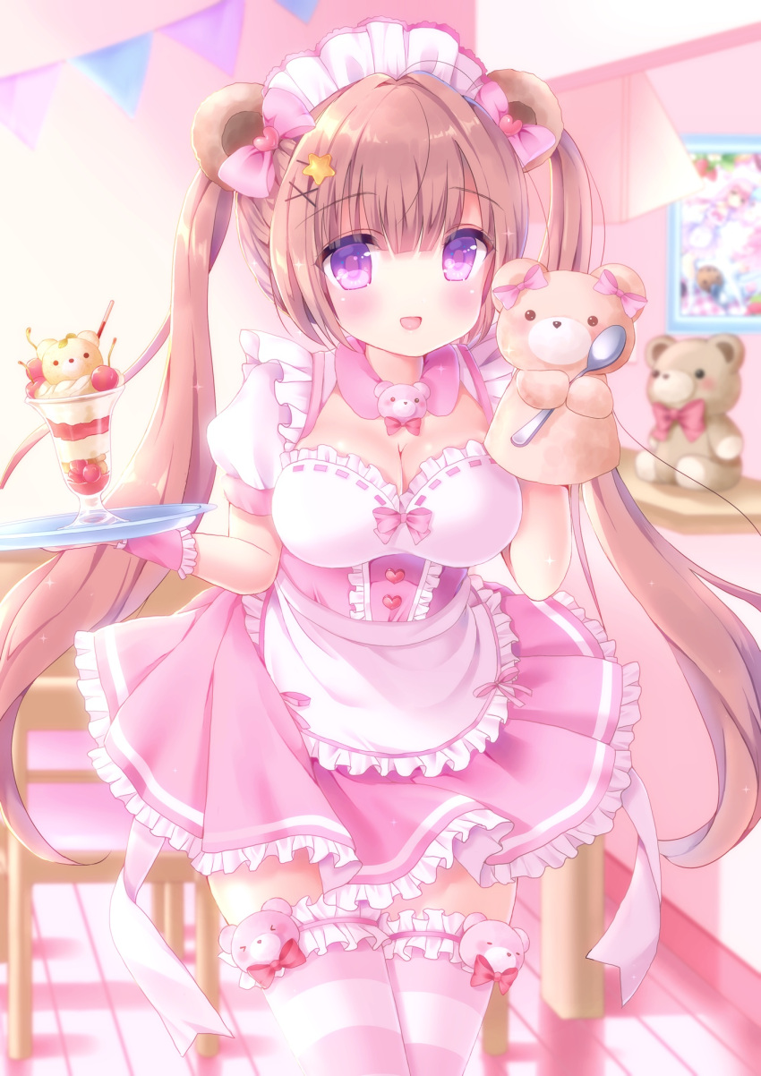 1girl :d animal_ears apron bangs bear_ears blurry blurry_background blush bow breasts brown_hair chair cleavage commentary_request depth_of_field eyebrows_visible_through_hair frilled_apron frilled_legwear frilled_skirt frills hair_between_eyes hair_bow hair_ornament hairclip hand_puppet heart highres holding holding_spoon holding_tray indoors light_brown_hair long_hair looking_at_viewer maid maid_headdress medium_breasts open_mouth original parfait pennant pink_bow pink_skirt pleated_skirt puffy_short_sleeves puffy_sleeves puppet shelf shirt short_sleeves sidelocks skirt smile solo spoon standing star star_hair_ornament string_of_flags striped striped_legwear stuffed_animal stuffed_toy table teddy_bear tray twintails very_long_hair violet_eyes waist_apron white_apron white_shirt wooden_floor x_hair_ornament yuyuko_(yuyucocco)