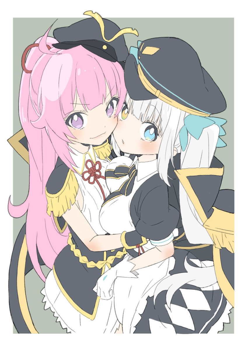 2girls absurdres aiguillette asymmetrical_docking black_hat blue_eyes blue_ribbon blush breast_press breasts cape closed_mouth donguri_suzume epaulettes flat_chest frills fringe_trim from_above gloves hair_ribbon hat heterochromia highres kagura_mea kagura_mea_channel lips long_hair looking_at_viewer medium_breasts mole mole_under_eye multiple_girls oda_nobuhime oda_nobuhime_(channel) parted_lips paryi_project peaked_cap pink_hair ponytail puffy_short_sleeves puffy_sleeves red_ribbon ribbon short_sleeves simple_background sleeveless smile twintails violet_eyes virtual_youtuber white_gloves yellow_eyes